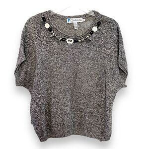 Womens Chaus Knit Top Sz L Gray Black Marled Short Sleeve Round Neck 80s Korea